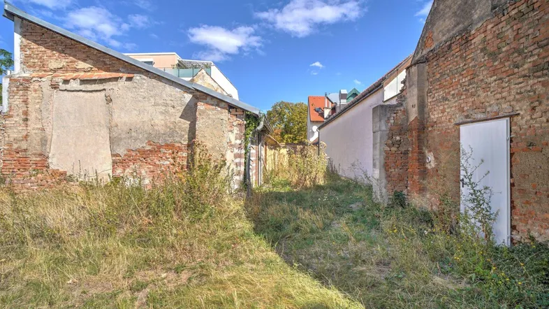 Überwachsener Gartenbereich zwischen alten Gebäuden mit Ziegelmauern unter blauem Himmel.