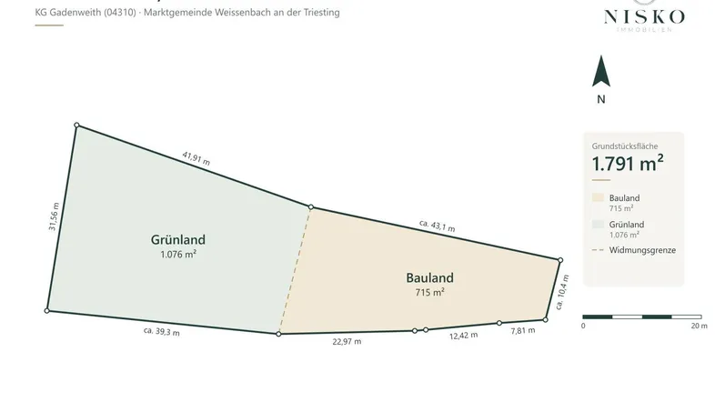 Grundstücksplan mit detaillierten Flächenangaben für Bauland und Grünland.