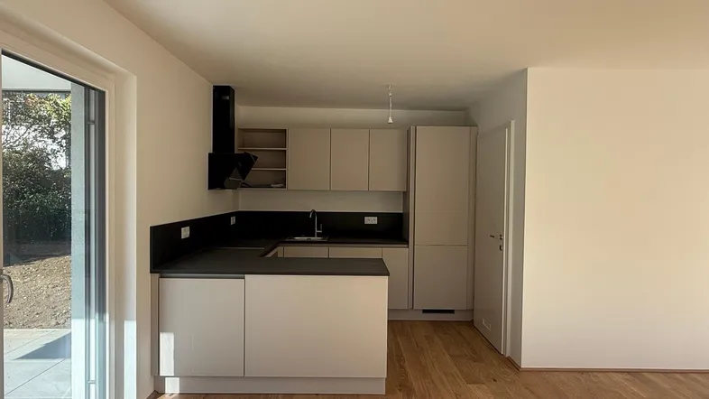Heller offener Wohnbereich mit integrierter Küche, Parkettboden und Zugang zur Terrasse.
