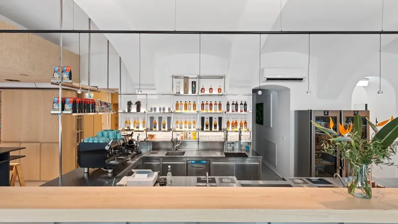 Moderne Bar mit Edelstahltheke, Holzarbeitsplatte und gewölbten Decken, ausgestattet mit professionellen Geräten.