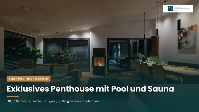 Geräumiger Wohn- und Essbereich eines Penthouses mit modernem Kamin und Blick auf den Innenpool.