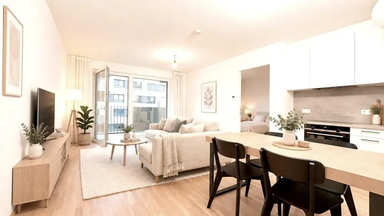 Helles, modern eingerichtetes Wohn-Esszimmer mit offener Küche und Zugang zum Balkon.