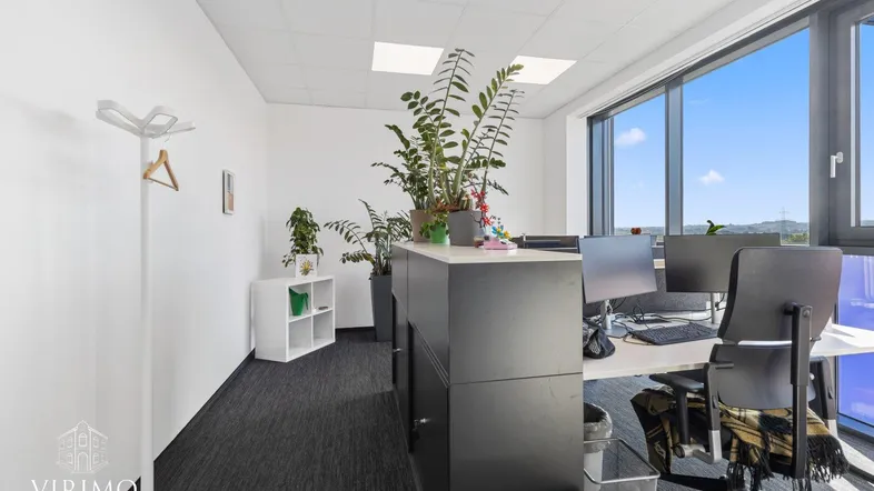 Helles und modernes Büro mit großen Fenstern, die einen weiten Blick ins Grüne bieten.