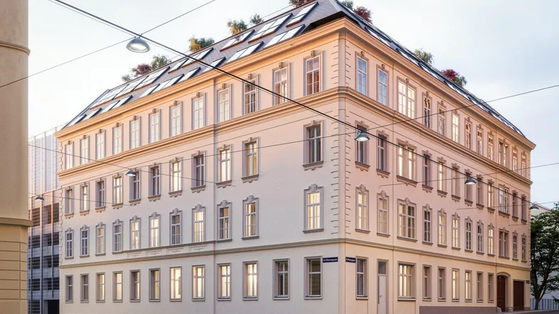 Visualisierung des Eckgebäudes mit klassischer Fassade und modernem Dachausbau.