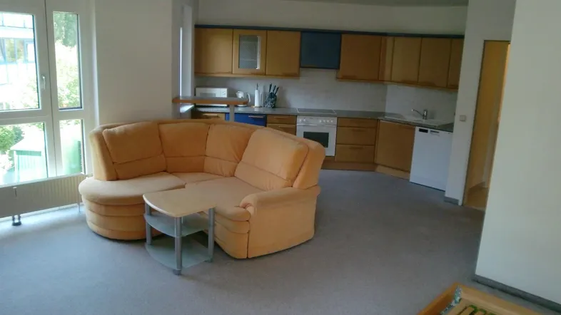 Heller offener Wohnbereich mit gemütlichem Sofa und integrierter Küche, ideal für modernes Wohnen.