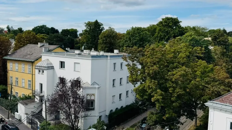 Blick von einem Flachdach auf umliegende Wohngebäude und grüne Baumwipfel unter bewölktem Himmel.