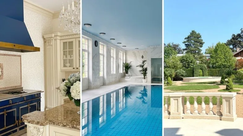 Kombination aus klassischer Küche, luxuriösem Innenpool und gepflegtem Gartenbereich mit Terrasse.