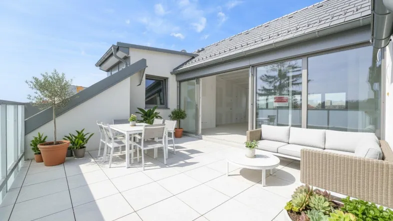 Geräumige Dachterrasse mit modernen Gartenmöbeln, Pflanzen und Zugang zu einem hellen Innenraum.