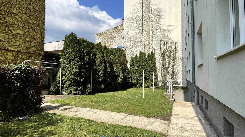 Gepflegter Gemeinschaftsgarten mit Rasenfläche und hohen Hecken zwischen den Wohngebäuden.