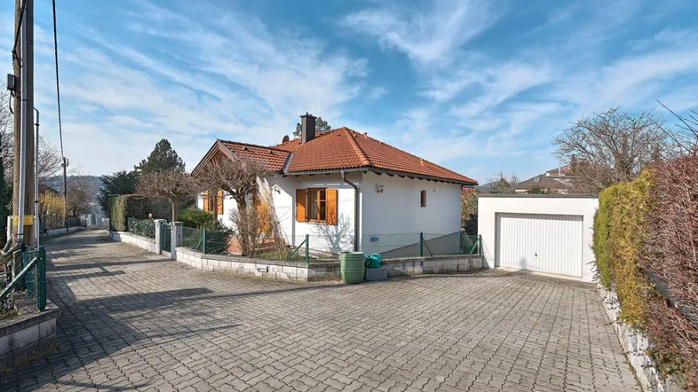 Ansicht des Einfamilienhauses von der Straße mit gepflasterter Auffahrt und separater Garage.