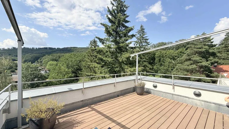 Geräumige Dachterrasse mit Holzboden und weitem Blick ins Grüne unter blauem Himmel.