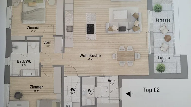 Grundriss einer Wohnung mit zwei Zimmern, offener Wohnküche, Bad, WC, Vorräumen, Terrasse und Loggia.