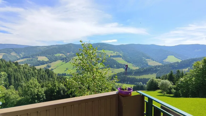 Panoramablick von einem Balkon auf die weiten grünen Hügel und Wälder unter blauem Himmel.