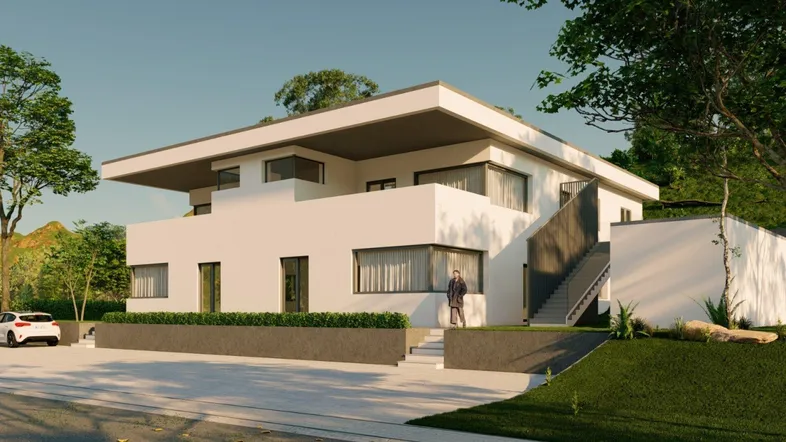 Moderne weiße Architektur mit klaren Linien, großen Fenstern und einer Außentreppe.