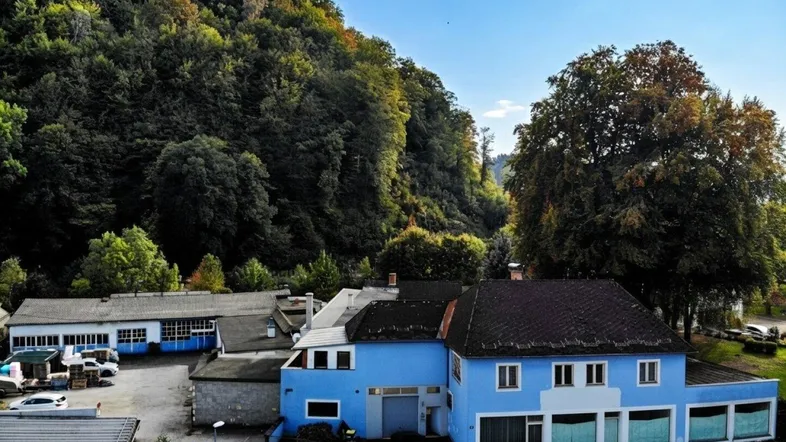 Luftaufnahme eines blauen Gebäudekomplexes mit dunklem Dach, umgeben von Bäumen und einem bewaldeten Hügel.