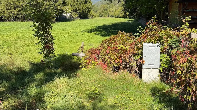 Grüner Außenbereich mit Bäumen, Sträuchern und Blick auf die umliegende Landschaft unter blauem Himmel.