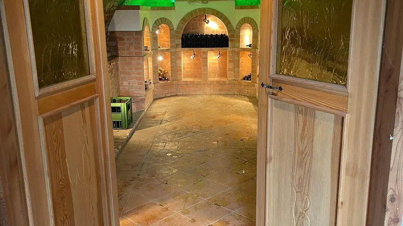 Gewölbter Weinkeller mit Ziegelwänden, Terrakottaboden und grüner Akzentbeleuchtung, ideal für Weinlagerung und Verkostungen.