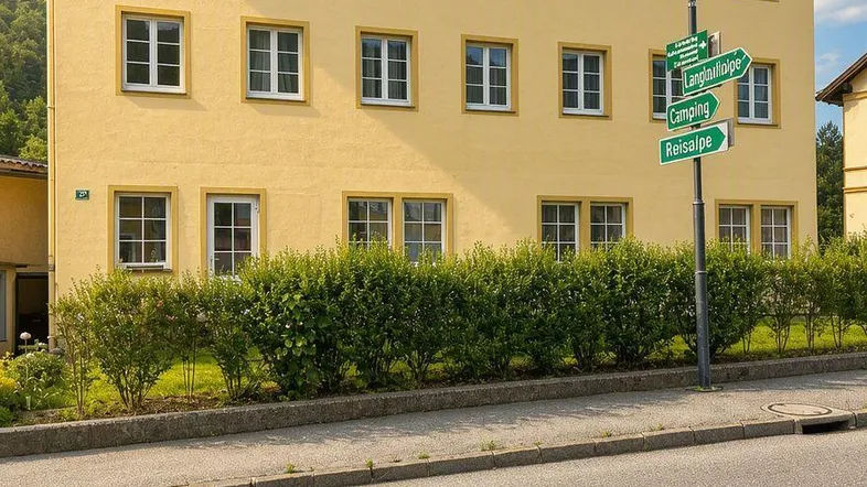 Gelbe Fassade eines Mehrfamilienhauses mit vielen Fenstern und grüner Hecke davor.