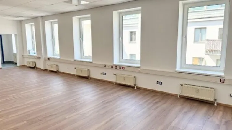 Großer, heller Raum mit mehreren Fenstern, Holzoptikboden und weißen Wänden, ideal als Bürofläche.