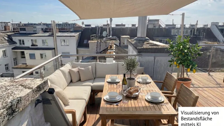 Geräumige Dachterrasse mit Essbereich, Lounge-Möbeln und Sonnensegel über den Dächern der Stadt.