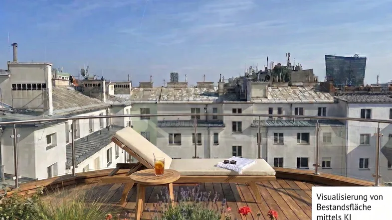 Sonnige Dachterrasse mit Liegestuhl, Holzboden und weitem Blick über die Stadt.