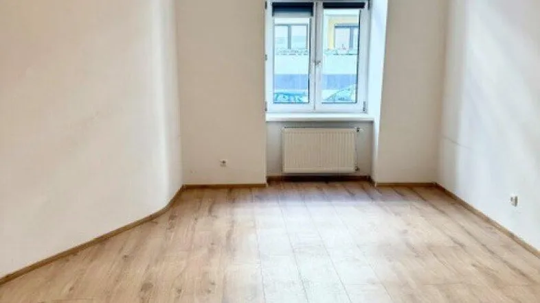 Helles, leeres Zimmer mit Laminatboden und einem Fenster, das auf die Umgebung blickt.