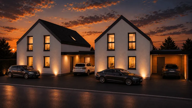 Moderne Doppelhaushälften bei Sonnenuntergang mit beleuchteten Carports und gepflegten Einfahrten.