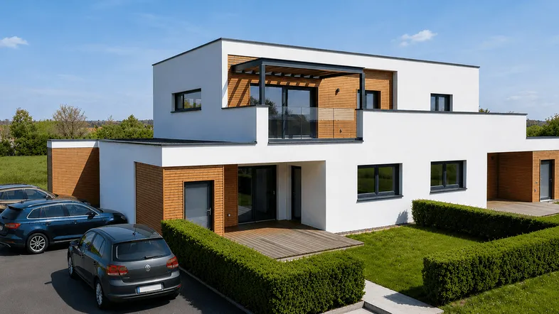 Modernes Einfamilienhaus mit weißer Fassade, Holzelementen, Flachdach und großzügigen Fensterfronten, umgeben von Rasenflächen.