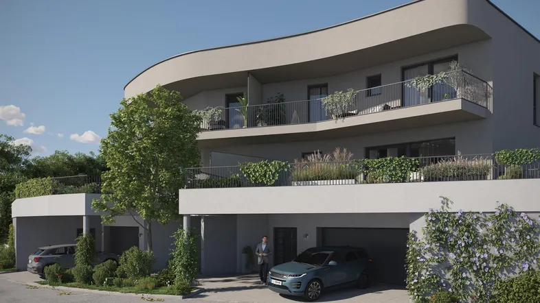 Moderne Architektur mit geschwungenen Balkonen und integrierten Garagen in einer grünen Umgebung.