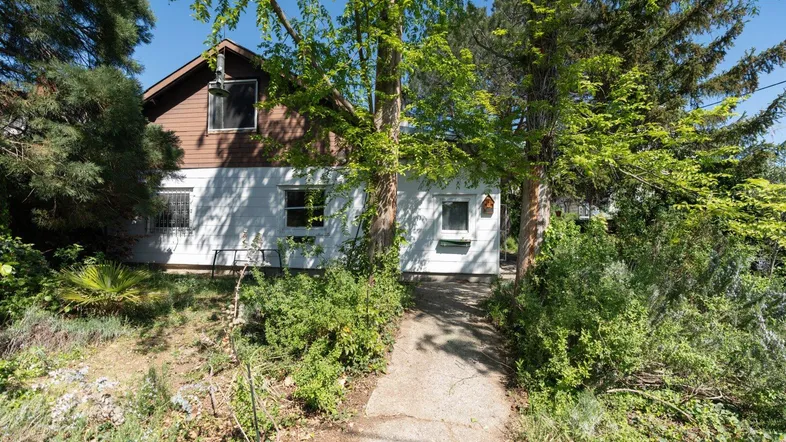 Charmantes Einfamilienhaus mit weißer Fassade, umgeben von Bäumen und einem grünen Garten.