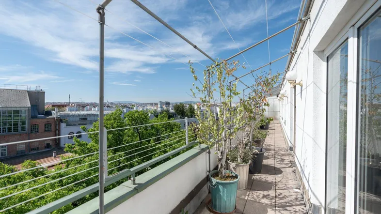 Lange Sonnenterrasse mit Pflanzen und weitem Blick über die Stadt bei blauem Himmel.
