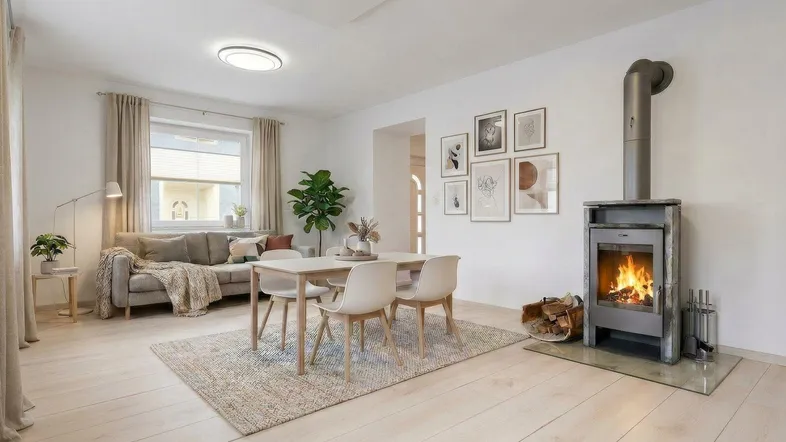 Helles Wohn- und Esszimmer mit modernem Kaminofen, Holzboden und stilvoller Einrichtung.