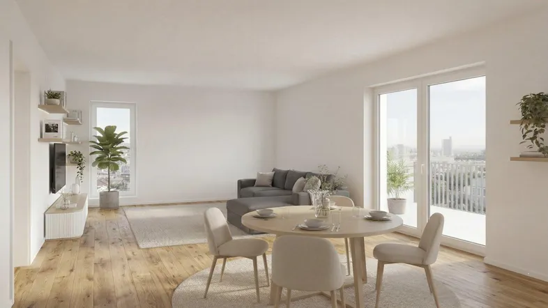 Heller, offener Wohn-Essbereich mit Holzboden, modernen Möbeln und Zugang zu einem Balkon.