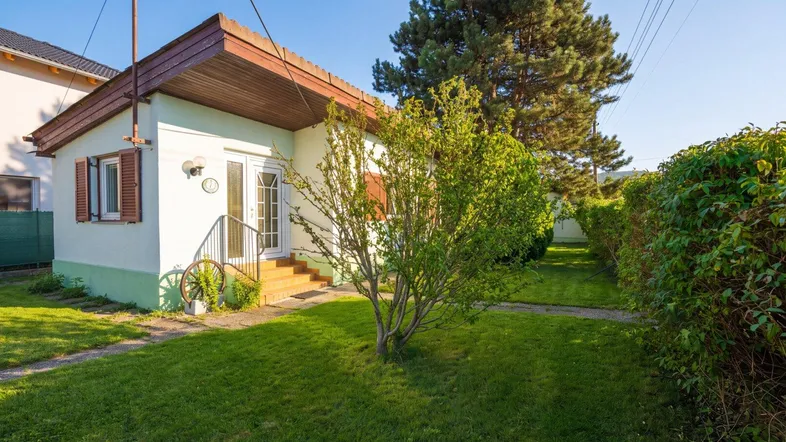 Vorderansicht eines Einfamilienhauses mit gepflegtem Rasen, Gartenweg und einem kleinen Baum im Vorgarten.