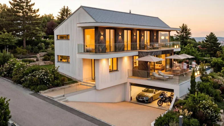 Moderne Villa mit mehreren Terrassen, integrierter Garage und weitläufigem Gartenbereich bei Sonnenuntergang.