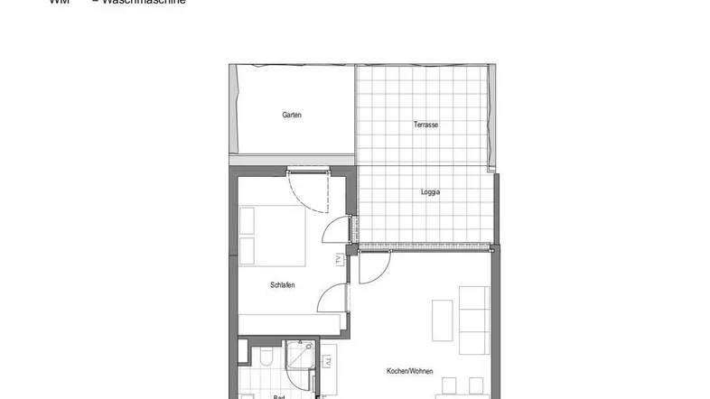 Detaillierter Grundriss einer modernen Wohnung mit offenem Wohnbereich, Schlafzimmer und Außenflächen.