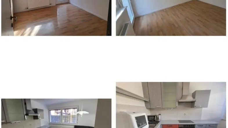 Verschiedene Innenansichten zeigen ein helles Zimmer mit Holzboden und eine Küche mit Essbereich und modernen Geräten.