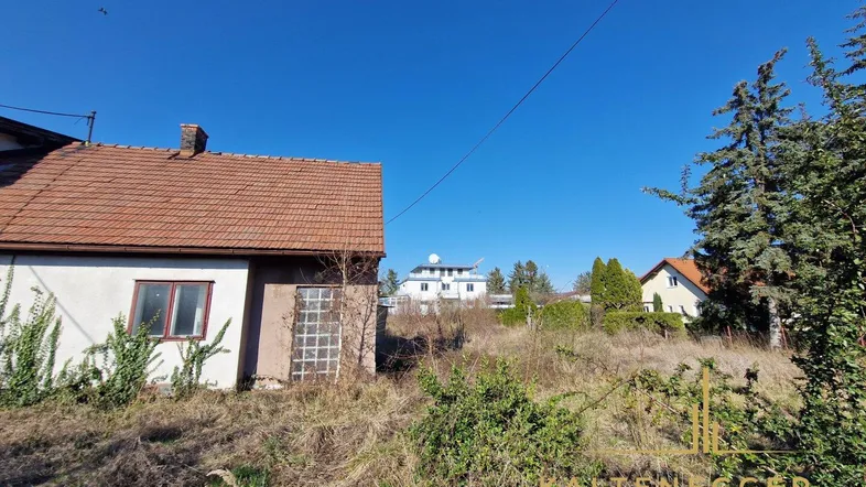 Seitenansicht eines älteren Hauses mit Ziegeldach auf einem sonnigen, verwilderten Grundstück.