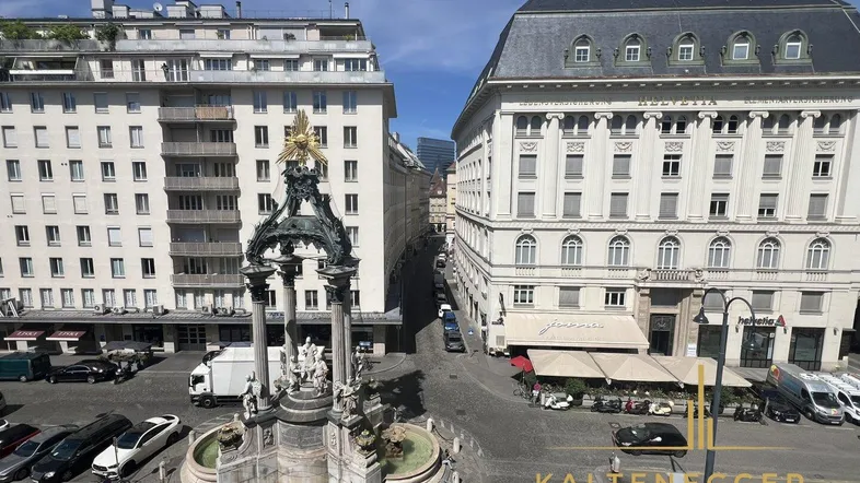 Blick auf einen belebten Stadtplatz mit historischen Gebäuden und einem zentralen Denkmal.
