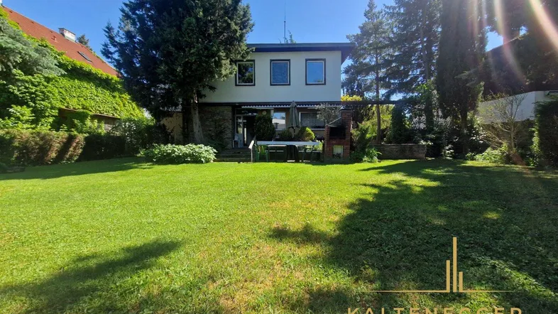 Großzügiger Gartenbereich mit weitläufiger Rasenfläche, umgeben von Bäumen und einer Terrasse mit Grillplatz.