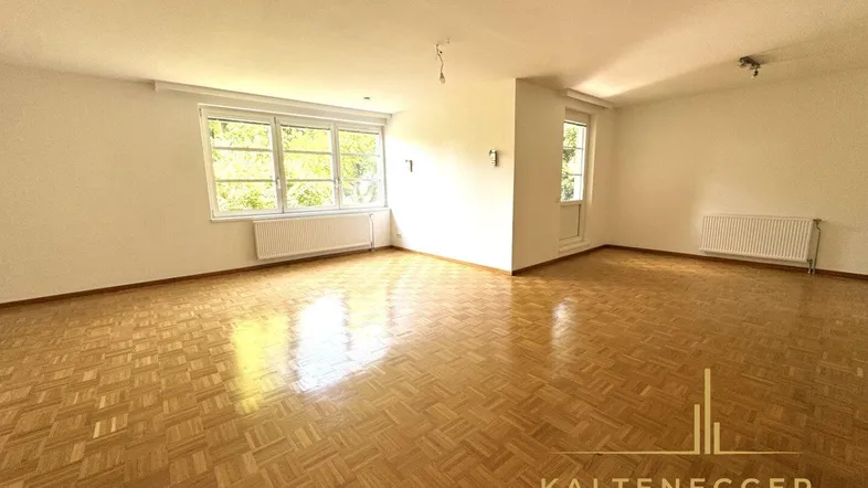 Helles, leeres Zimmer mit Parkettboden und großen Fenstern, ideal als Wohnbereich.