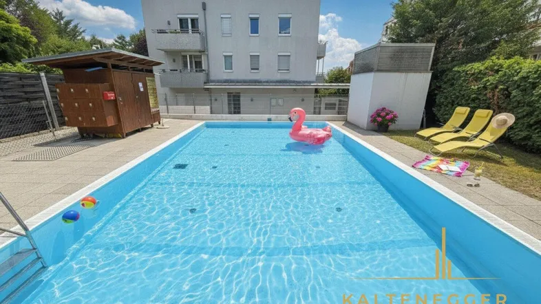 Außenpool mit aufblasbarem Flamingo und Liegestühlen, umgeben von einem modernen Gebäude.