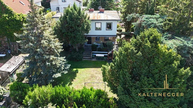 Haus mit großem Garten, altem Baumbestand und einer kleinen Terrasse im Grünen.