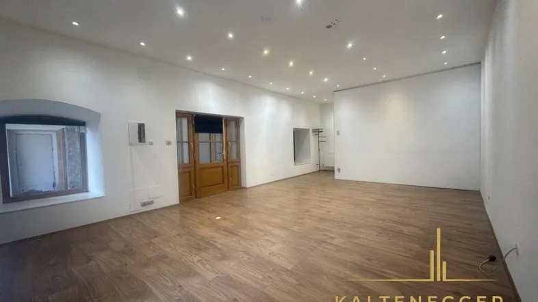 Großer, leerer Raum mit Laminatboden und vielen Deckenspots, ideal für gewerbliche Nutzung.