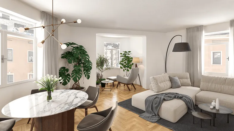 Modernes, lichtdurchflutetes Wohn-Esszimmer mit Fischgrätparkett, stilvollen Möbeln und großen Fenstern.