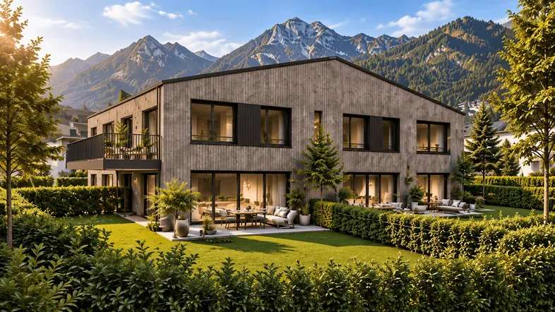 Moderne Holzfassade mit großen Fenstern, möblierter Terrasse und Balkon, umgeben von gepflegtem Garten und Bergblick.