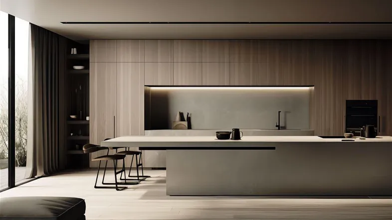 Moderne, minimalistische Küche mit Holzschränken, Kücheninsel und viel Tageslicht.