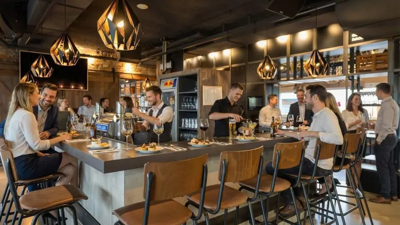 Lebhafte Bar mit Gästen, die Getränke und Speisen an der Theke genießen, unter modernen Hängelampen.