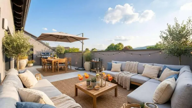Geräumige Dachterrasse mit gemütlicher Lounge-Ecke, Essbereich und Grillstation unter blauem Himmel.