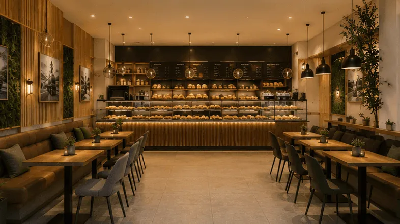 Geräumiger Innenbereich einer Bäckerei oder eines Cafés mit vielen Sitzgelegenheiten und einer großen Auslage.